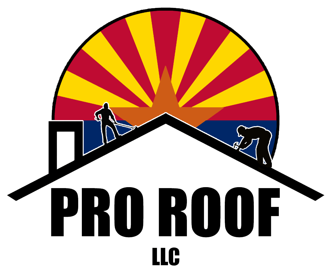 Pro Roof LLC logo, Arizona flag sunset over a rooftop